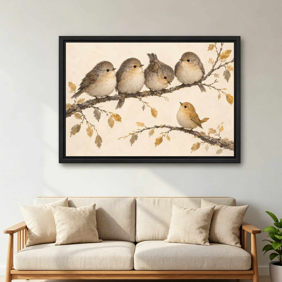 Fluffy Branch Birds Canvas Wall Art framed above a cream sofa with wooden arms.