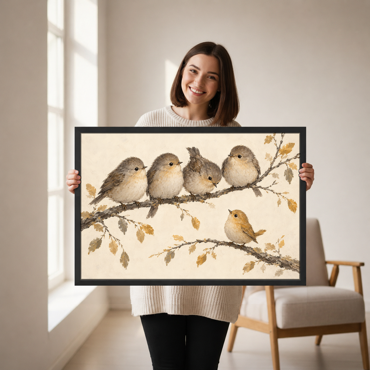 Fluffy Branch Birds Canvas Wall Art held in a black landscape frame by a standing woman.