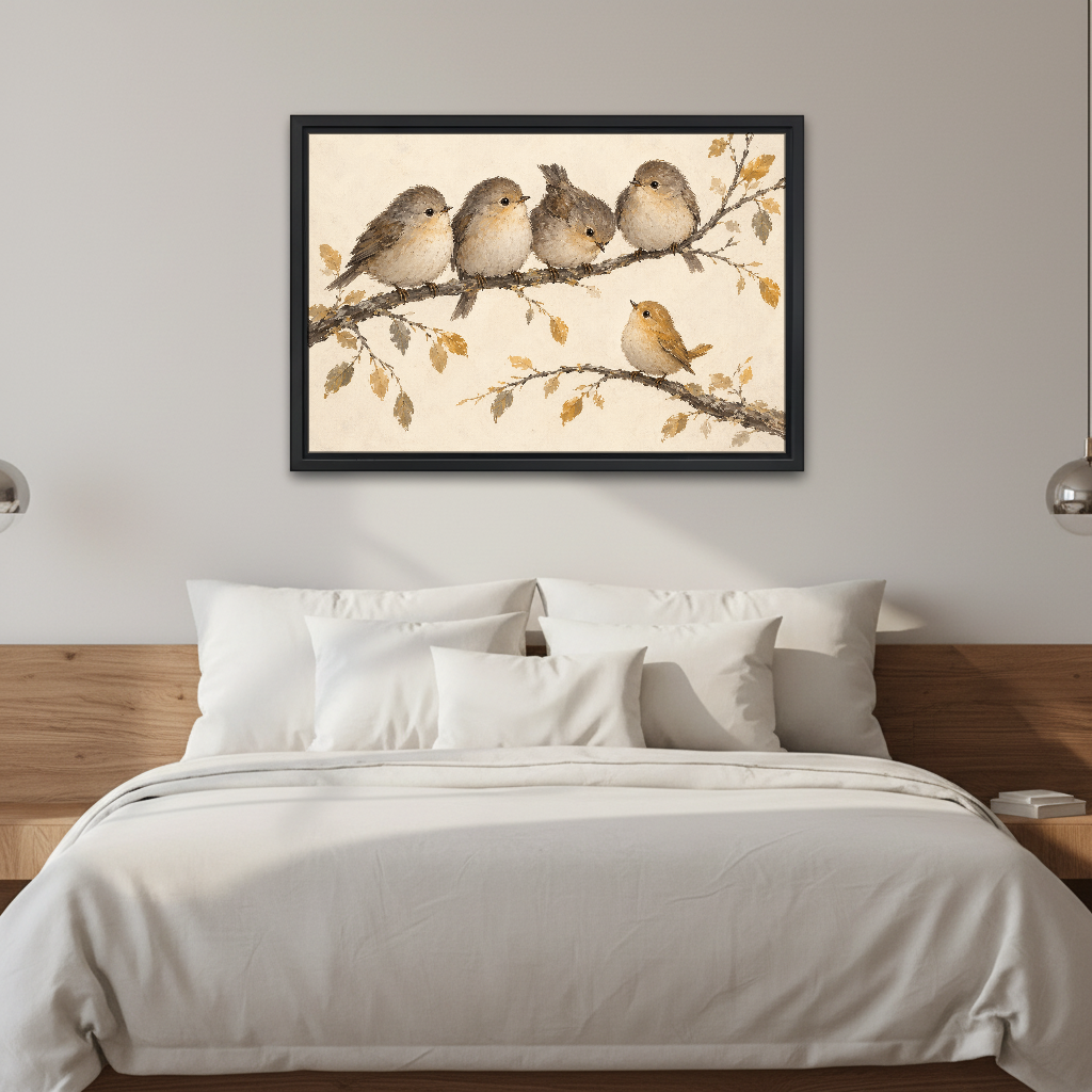 Fluffy Branch Birds Canvas Wall Art framed above white bedding and a warm wood headboard.