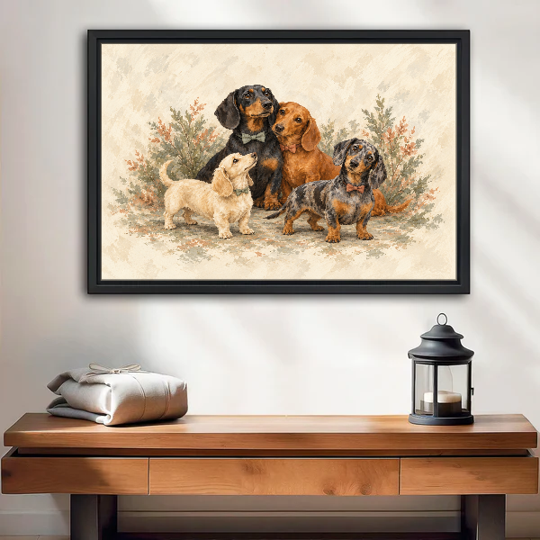 Dachshund Family Canvas Wall Art framed above a wood console with linen and lantern.