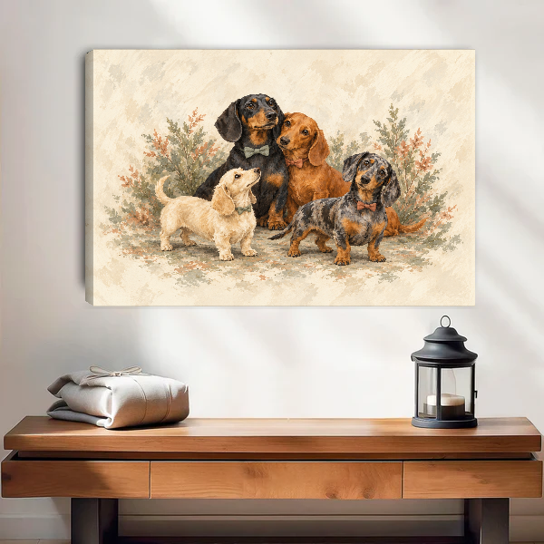 Dachshund Family Canvas Wall Art unframed above a wood console with linen and lantern.