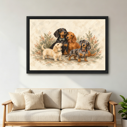 Dachshund Family Canvas Wall Art framed above a cream sofa with wooden arms.
