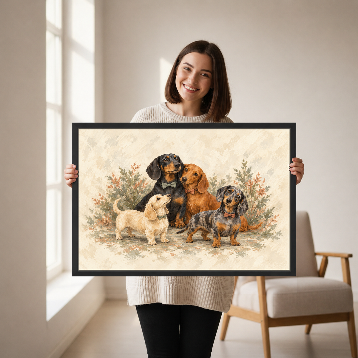 Dachshund Family Canvas Wall Art held in a black landscape frame by a standing woman.