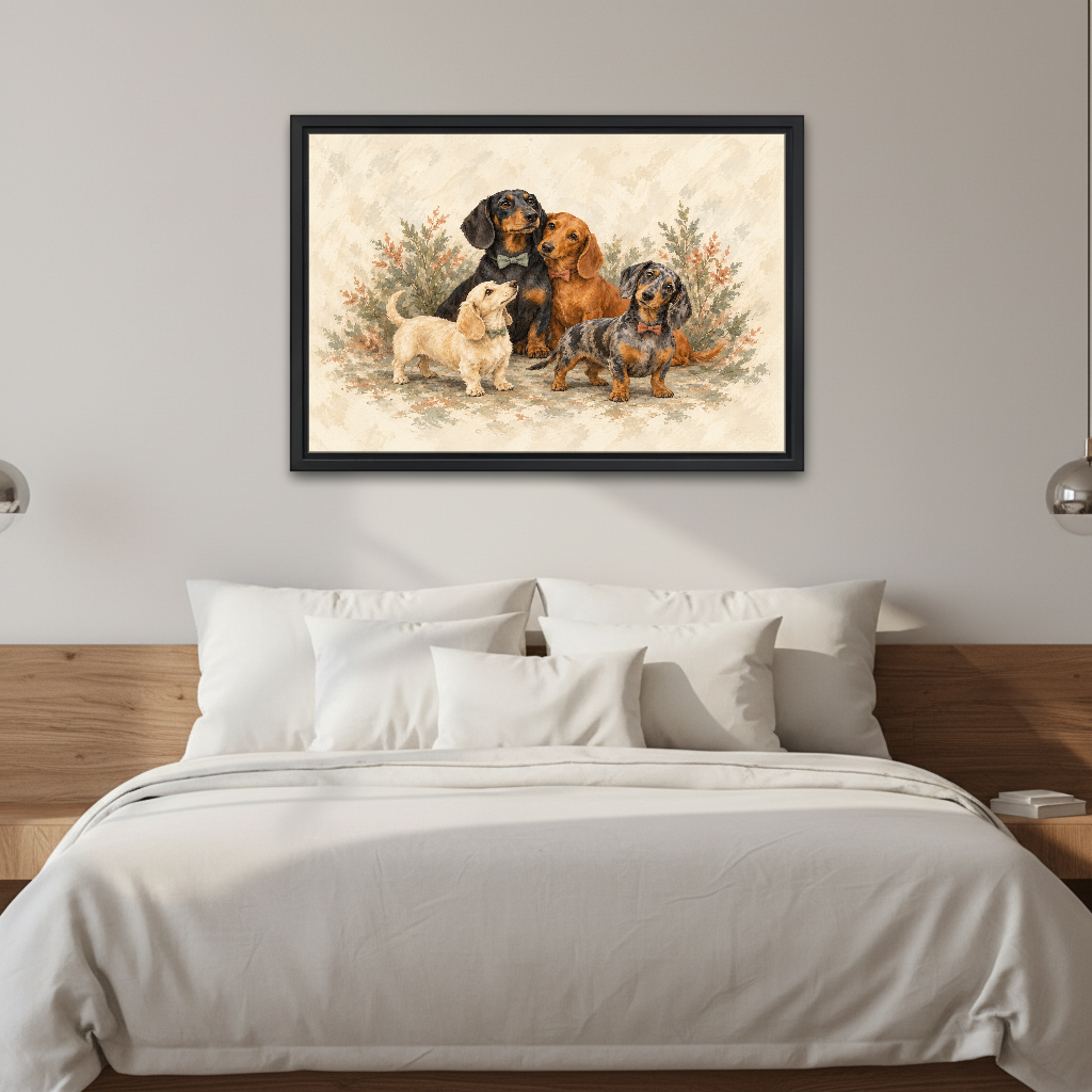 Dachshund Family Canvas Wall Art framed above white bedding and a warm wood headboard.