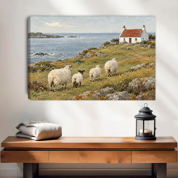 Coastal Sheep Cottage Canvas Wall Art unframed above a wood console with linen and lantern.