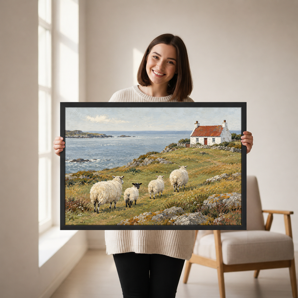 Coastal Sheep Cottage Canvas Wall Art held in a black landscape frame by a standing woman.