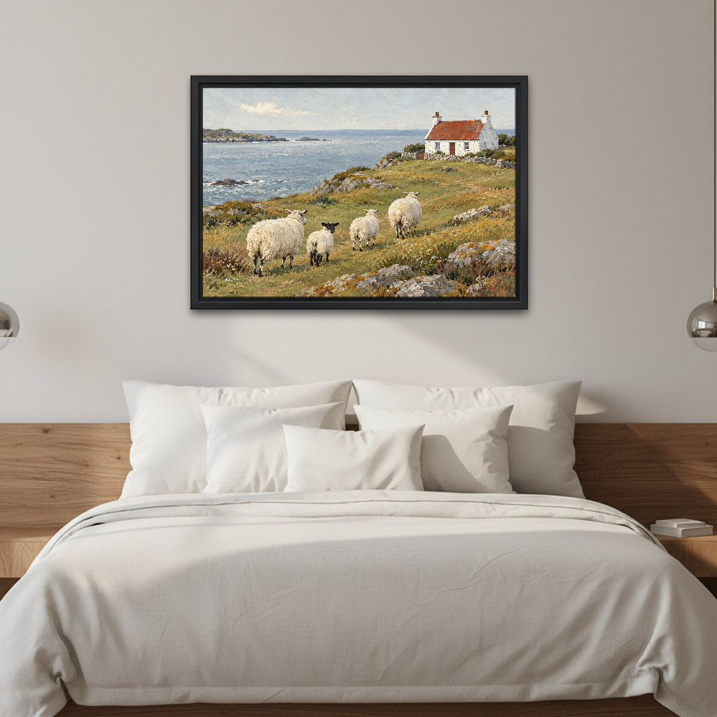 Coastal Sheep Cottage Canvas Wall Art framed above white bedding and a warm wood headboard.