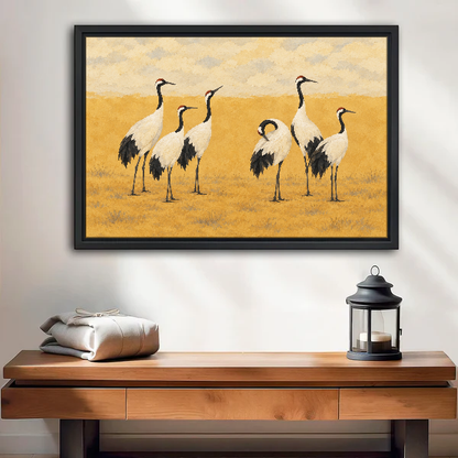 Golden Field Cranes Canvas Wall Art framed above a wood console with linen and lantern.