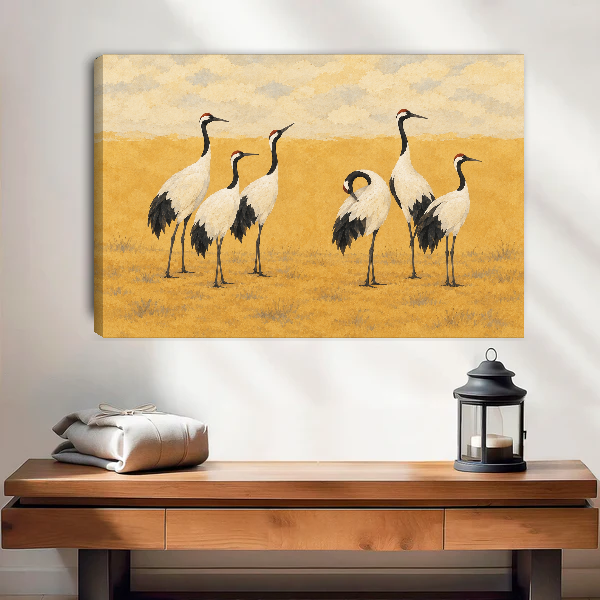 Golden Field Cranes Canvas Wall Art unframed above a wood console with linen and lantern.