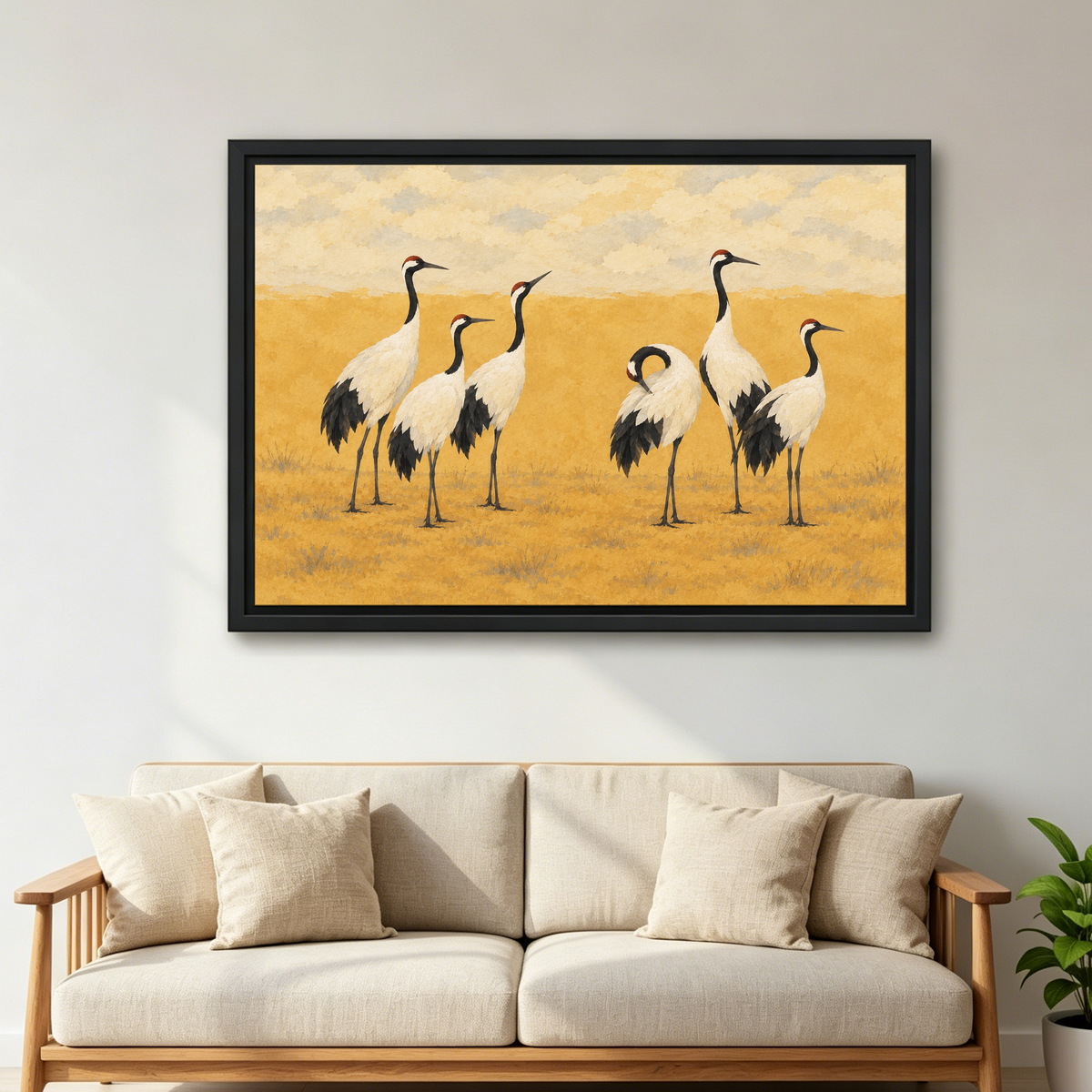 Golden Field Cranes Canvas Wall Art framed above a cream sofa with wooden arms.