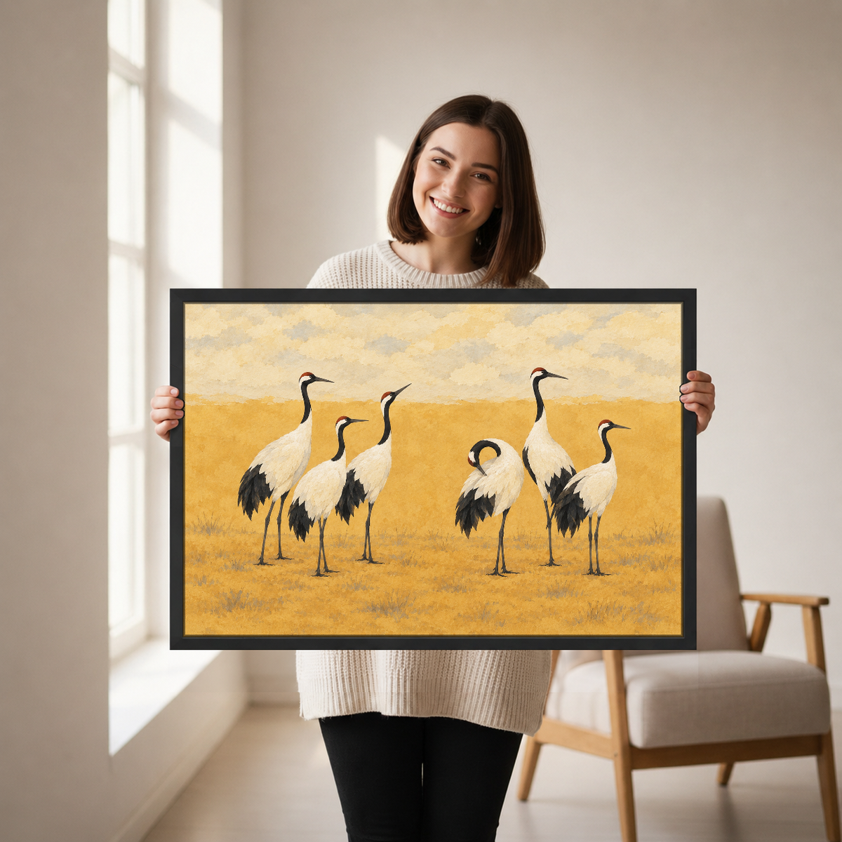 Golden Field Cranes Canvas Wall Art held in a black landscape frame by a standing woman.