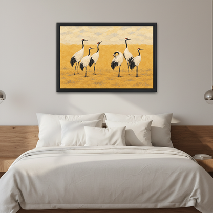 Golden Field Cranes Canvas Wall Art framed above white bedding and a warm wood headboard.