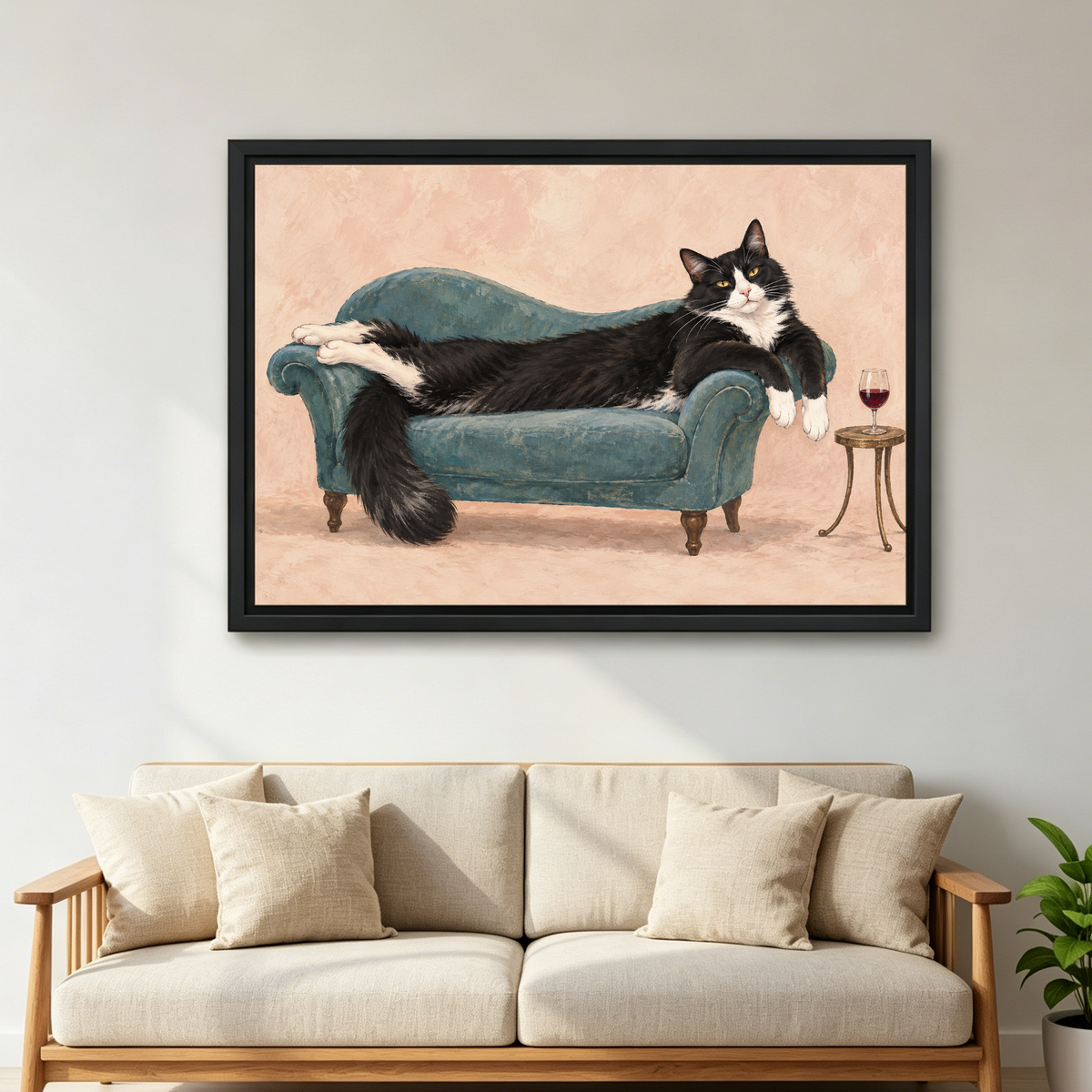 Lounging Tuxedo Cat Canvas Wall Art framed above a cream sofa with wooden arms.