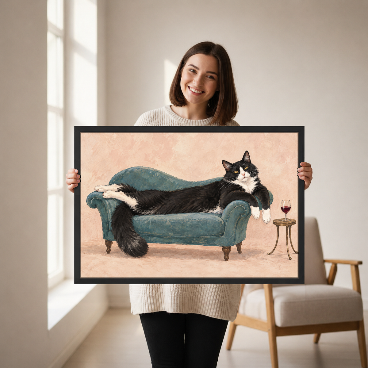 Lounging Tuxedo Cat Canvas Wall Art held in a black landscape frame by a standing woman.