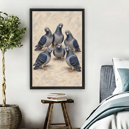 Curious Pigeon Flock Canvas Wall Art framed beside blue bedding, a leafy plant, and books.