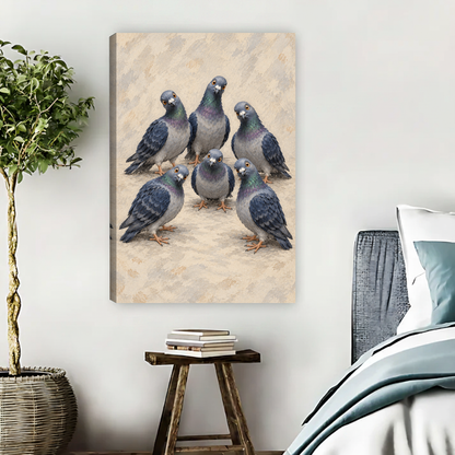 Curious Pigeon Flock Canvas Wall Art unframed beside blue bedding and a leafy plant.