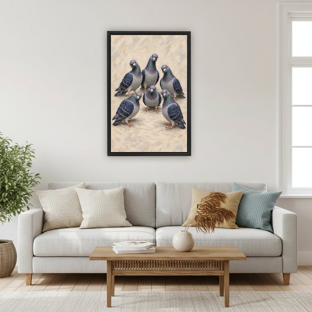 Curious Pigeon Flock Canvas Wall Art framed above a pale gray sofa and wood table.