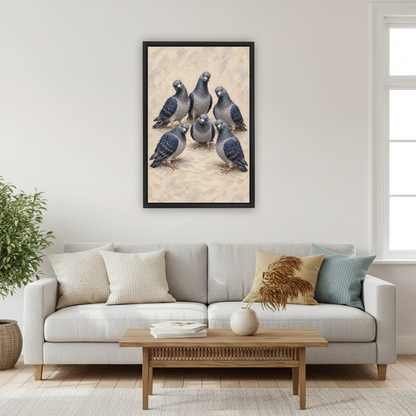 Curious Pigeon Flock Canvas Wall Art framed above a pale gray sofa and wood table.