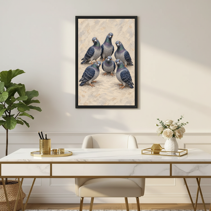 Curious Pigeon Flock Canvas Wall Art framed above a white desk with flowers and chair.