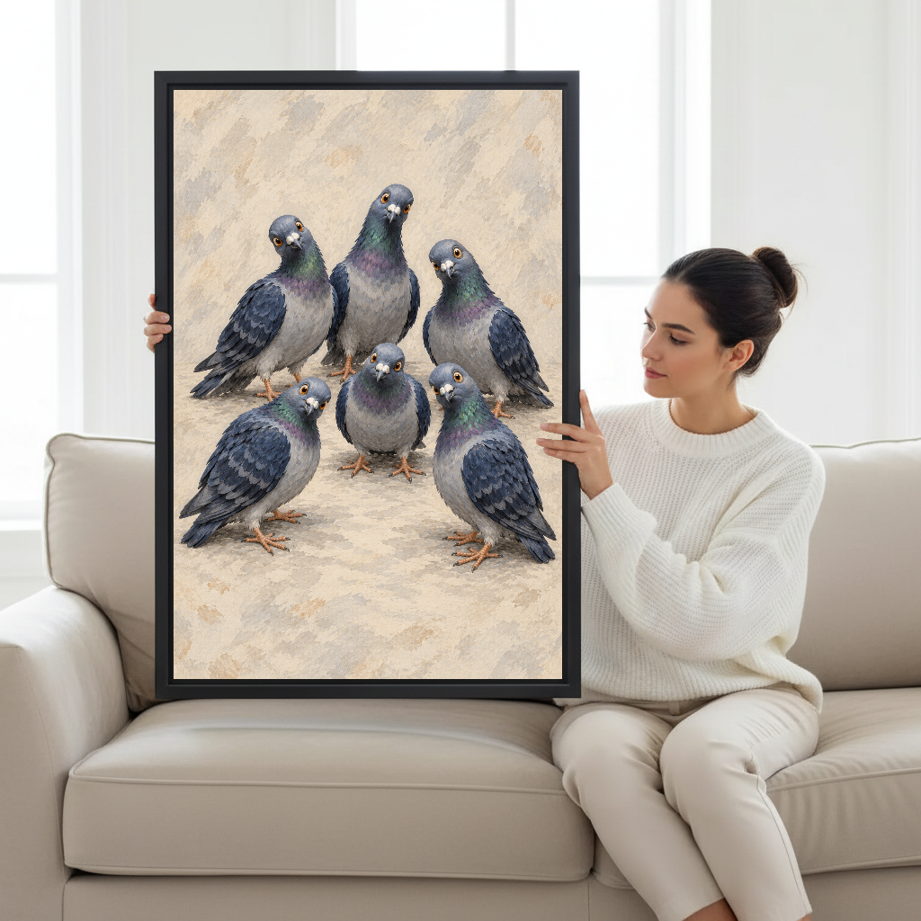 Curious Pigeon Flock Canvas Wall Art held by a seated woman on a pale sofa.