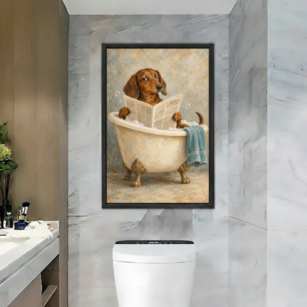 Bath Reading Dachshund Canvas Wall Art framed above a toilet in a marble bathroom.