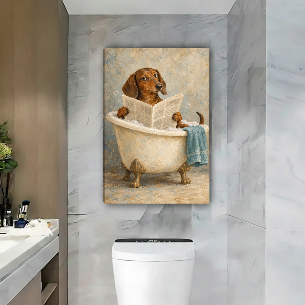 Bath Reading Dachshund Canvas Wall Art unframed above a toilet beside a marble bathroom wall.
