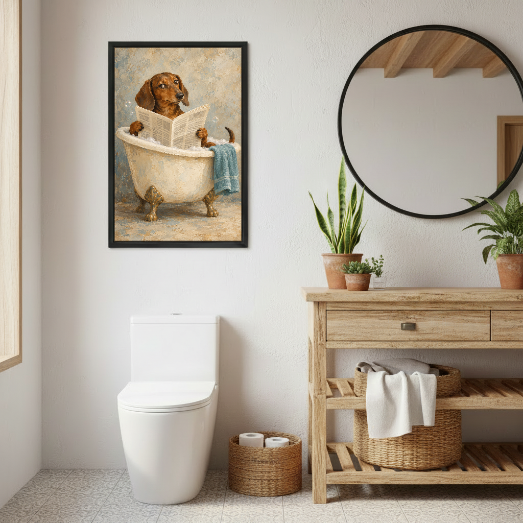 Bath Reading Dachshund Canvas Wall Art framed in the repeated bathroom view with wood vanity and round mirror.