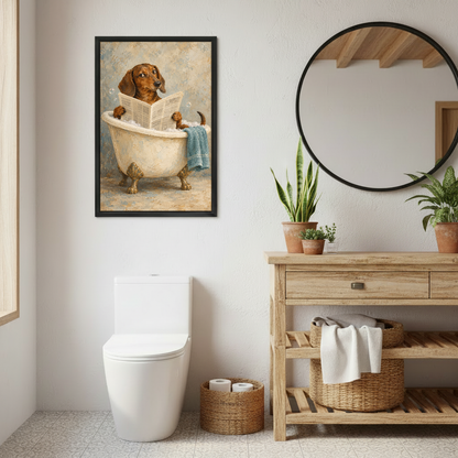 Bath Reading Dachshund Canvas Wall Art framed in the repeated bathroom view with wood vanity and round mirror.