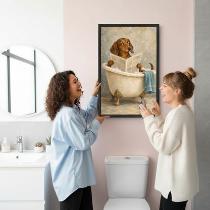 Bath Reading Dachshund Canvas Wall Art held by two women beside a bathroom mirror and toilet.