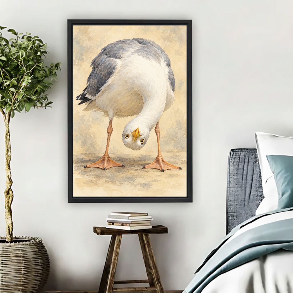 Upside Down Gull Canvas Wall Art framed beside blue bedding, a leafy plant, and books.