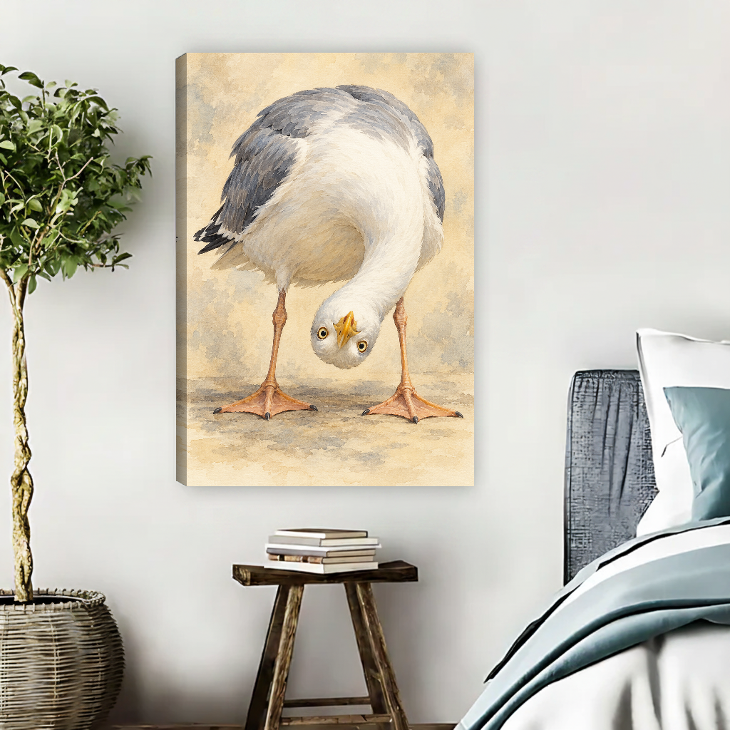 Upside Down Gull Canvas Wall Art unframed beside blue bedding and a leafy plant.
