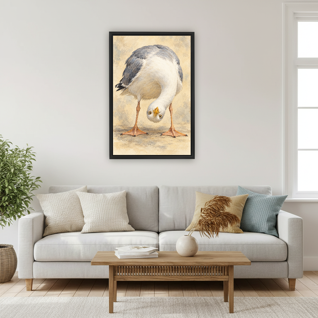 Upside Down Gull Canvas Wall Art framed above a pale gray sofa and wood table.