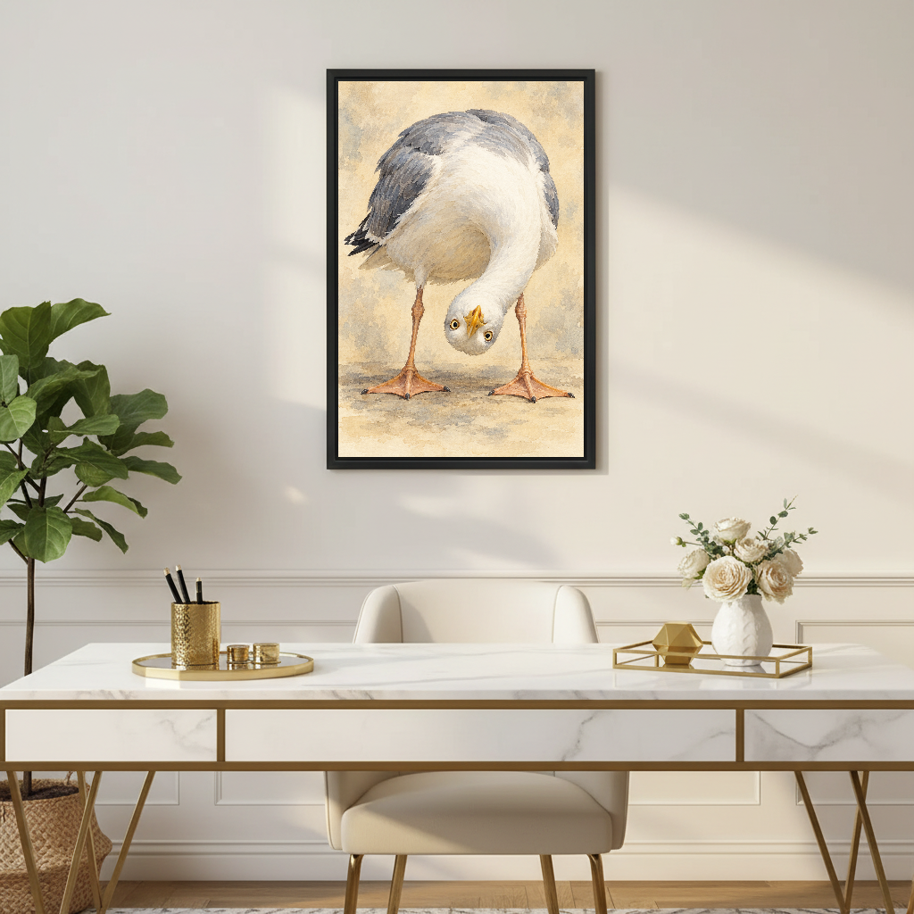 Upside Down Gull Canvas Wall Art framed above a white desk with flowers and chair.