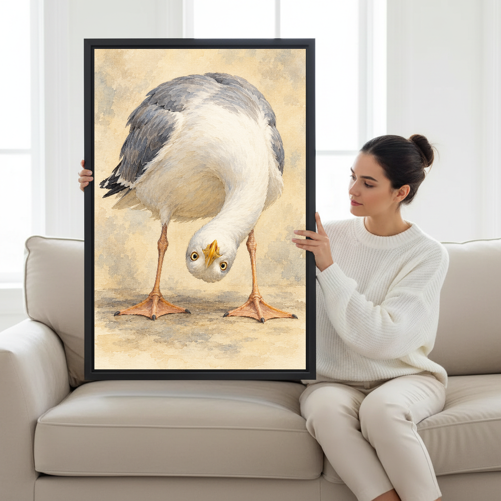Upside Down Gull Canvas Wall Art held by a seated woman on a pale sofa.