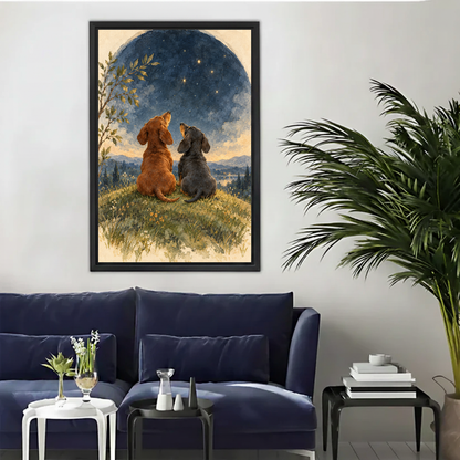 Stargazing Dachshunds Canvas Wall Art framed above a navy sofa with palm and side tables.