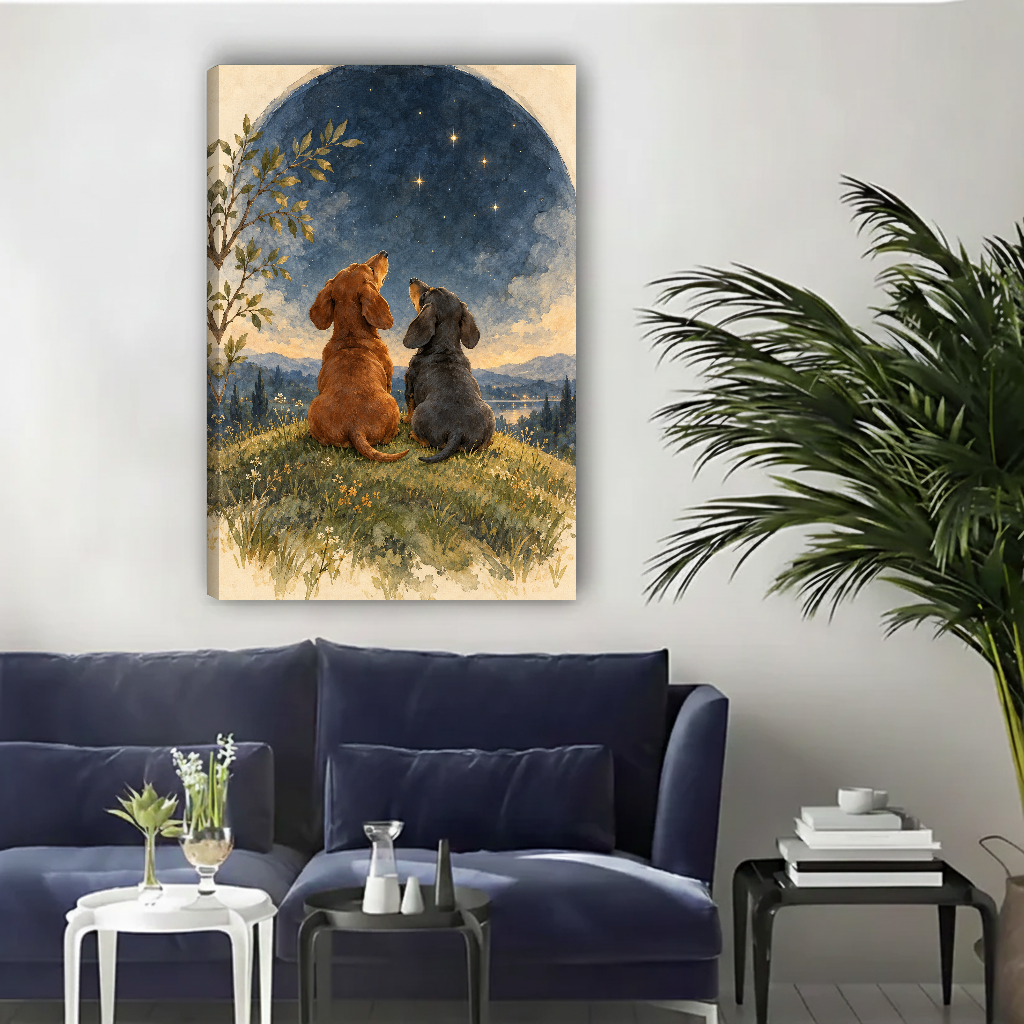 Stargazing Dachshunds Canvas Wall Art unframed above a navy sofa beside a leafy palm.