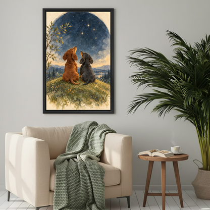 Stargazing Dachshunds Canvas Wall Art framed above a cream armchair with green throw.
