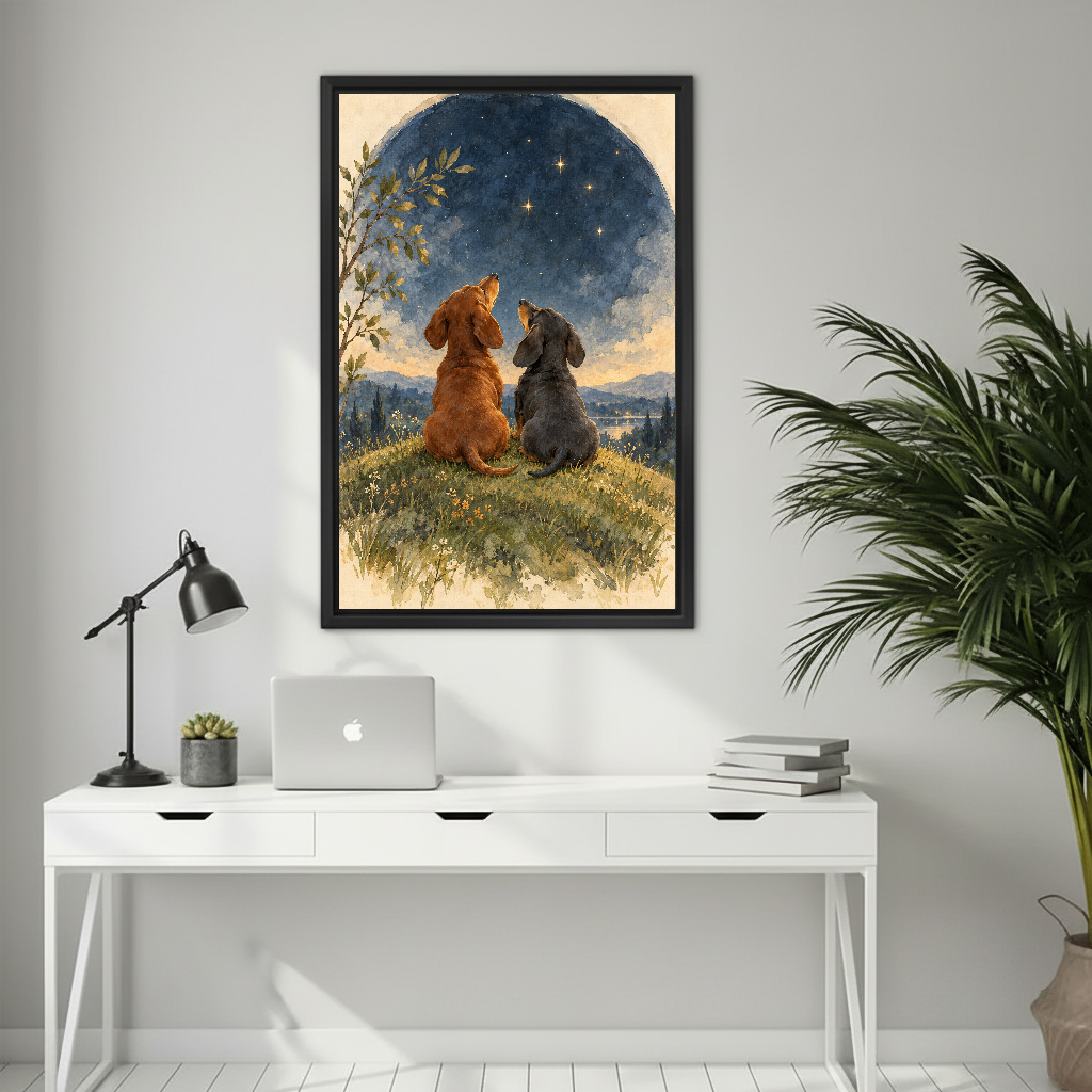 Stargazing Dachshunds Canvas Wall Art framed above a white desk with laptop and task lamp.