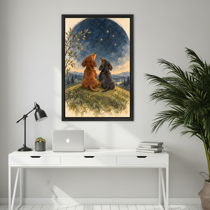 Stargazing Dachshunds Canvas Wall Art framed above a white desk with laptop and task lamp.