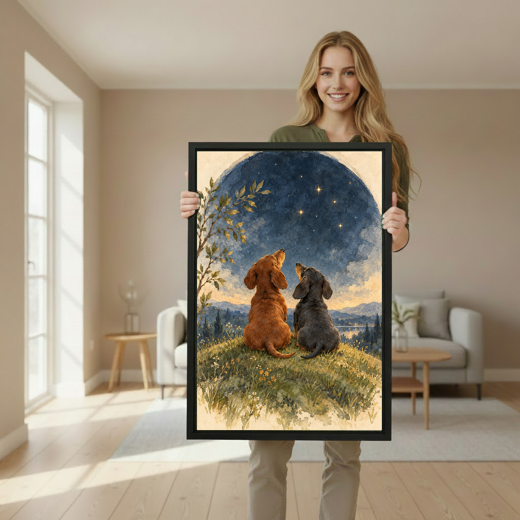 Stargazing Dachshunds Canvas Wall Art held in a black portrait frame by a standing woman.