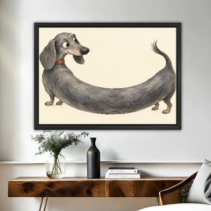 Extra Long Dachshund Canvas Wall Art framed above a wood console with vases and flowers.