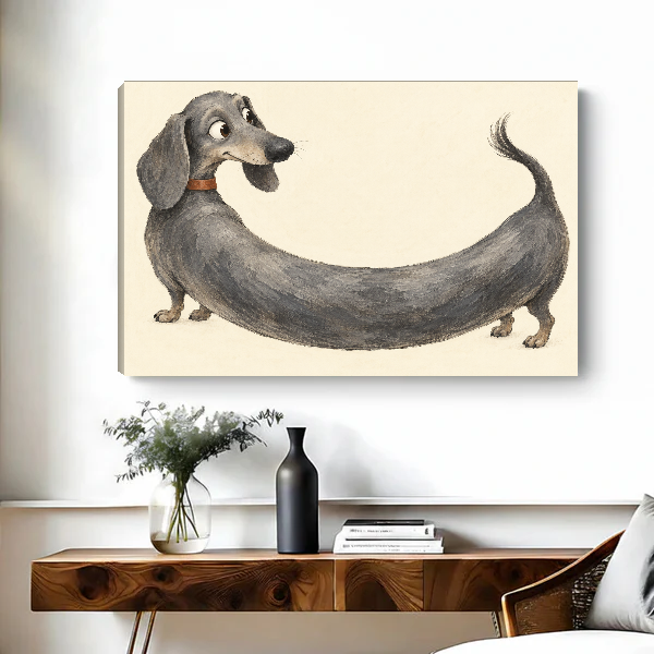 Extra Long Dachshund Canvas Wall Art unframed above a wood console with black and white vases.
