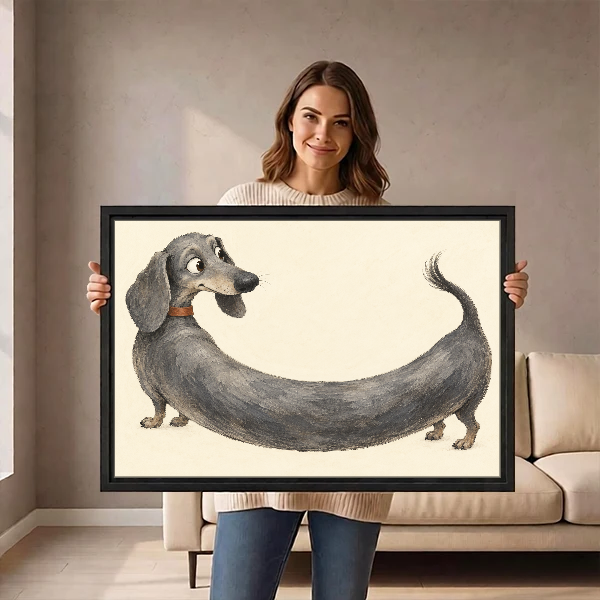 Extra Long Dachshund Canvas Wall Art held in a black landscape frame by a standing woman.