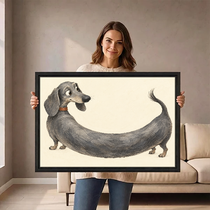 Extra Long Dachshund Canvas Wall Art held in a black landscape frame by a standing woman.