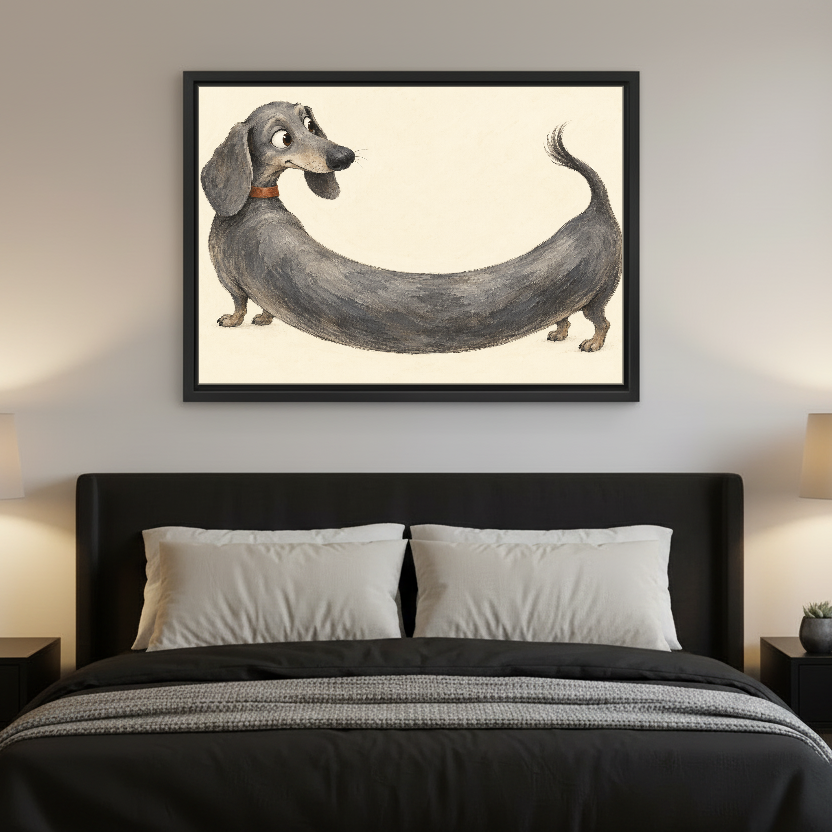 Extra Long Dachshund Canvas Wall Art framed above charcoal bedding with pale pillows.