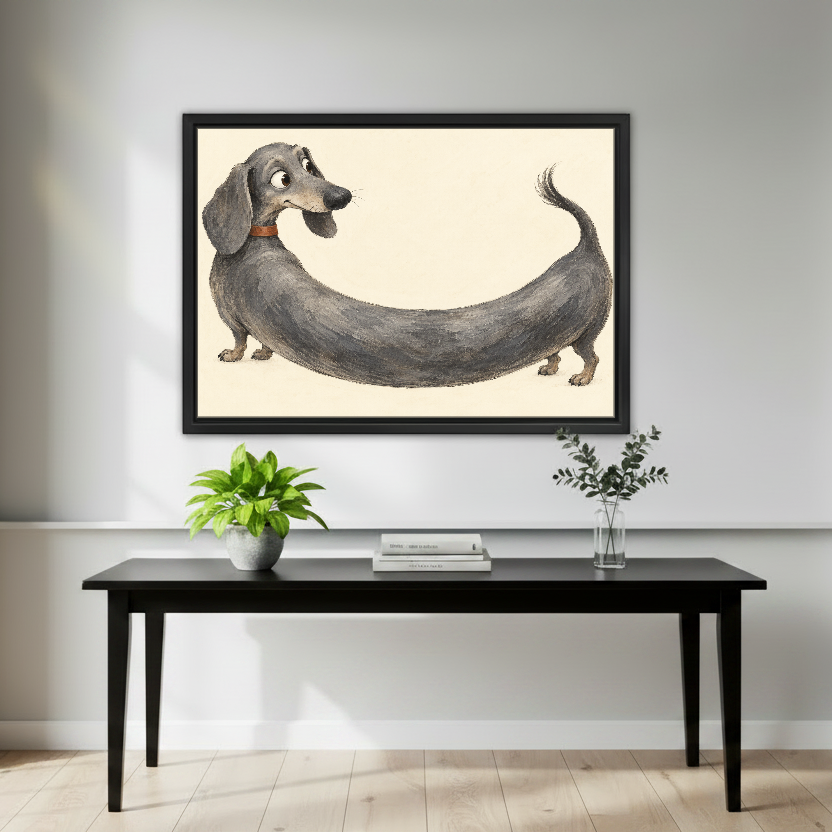 Extra Long Dachshund Canvas Wall Art framed above a black console with green plants.