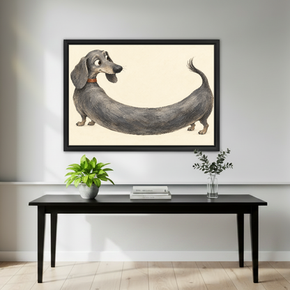 Extra Long Dachshund Canvas Wall Art framed above a black console with green plants.