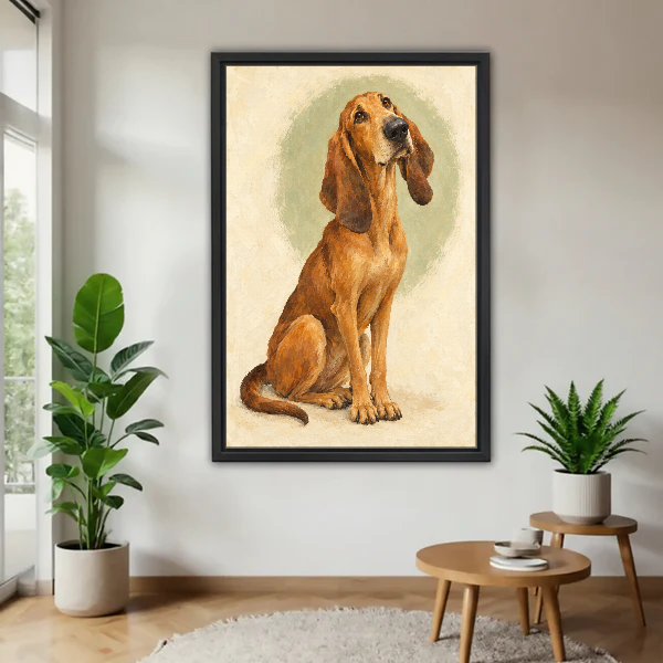 Gentle Hound Canvas Wall Art framed above a wood table with green plants.