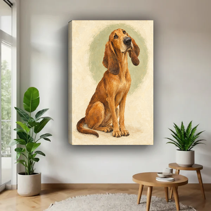 Gentle Hound Canvas Wall Art unframed above a wood table with green plants.