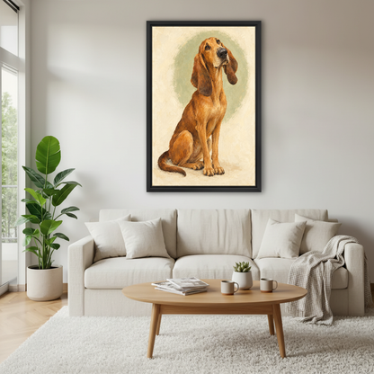 Gentle Hound Canvas Wall Art framed above a white sofa and round coffee table.